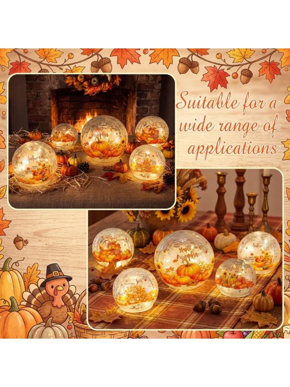5 Pcs Lighted Crackle Glass Pumpkin Globes - Fall Tabletop Decor for